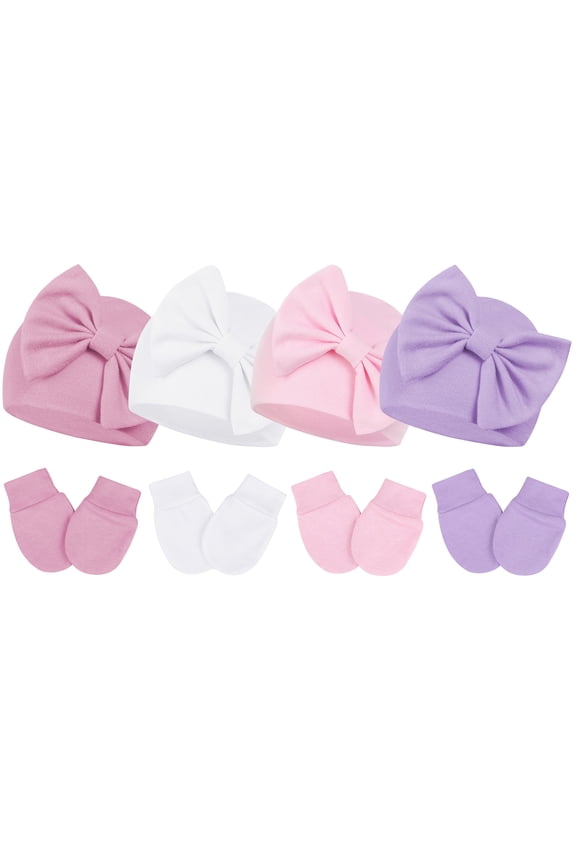 4Pcs Newborn Hat and Mitten Set Baby Girls Beanie with Big Bow Warm Baby Hats and No Scratch Mittens 0-3 Months