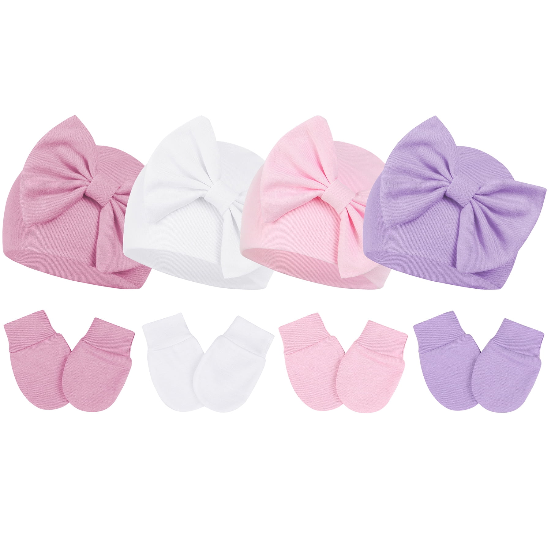 Zando 4Pcs Newborn Hat and Mitten Set Baby Girls Beanie with Big Bow