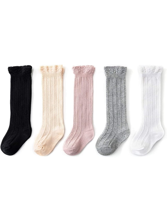 5 Pairs Infant Socks Baby Girls Tube Socks Cute Cable Knit Socks Ruffled Toddler Stockings 5 Colorful Colors S 3-12 Months