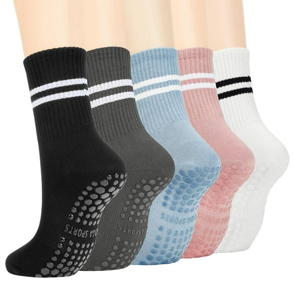 Zando 5 Pairs Long Pilates Socks with Grips Non Slip Socks Womens Yoga Socks with Grips for Women Barre Socks Grip Socks Soccer