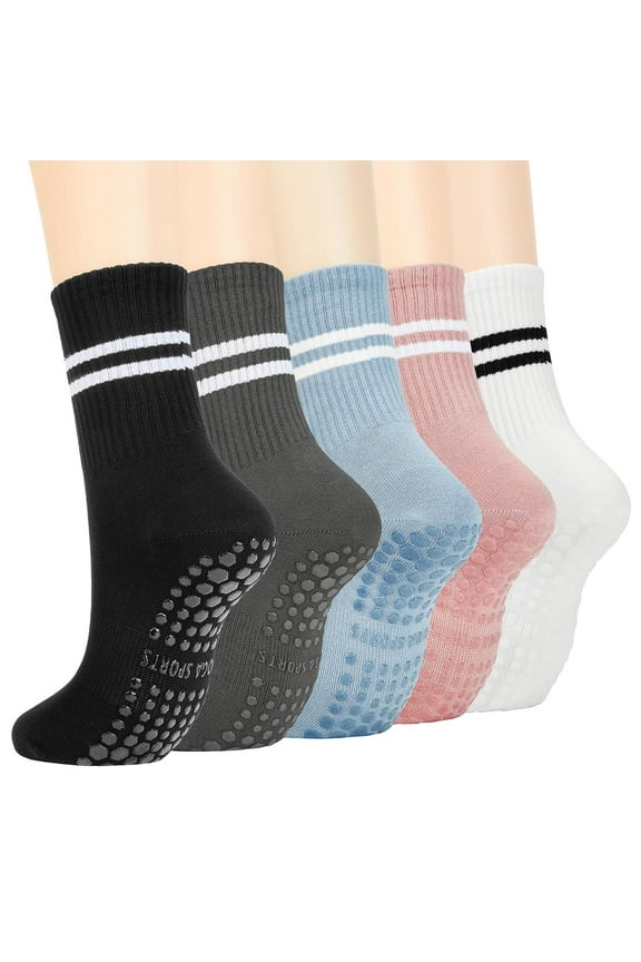 5 Pairs Long Pilates Socks with Grips Non Slip Socks Womens Yoga Socks with Grips for Women Barre Socks Grip Socks Soccer