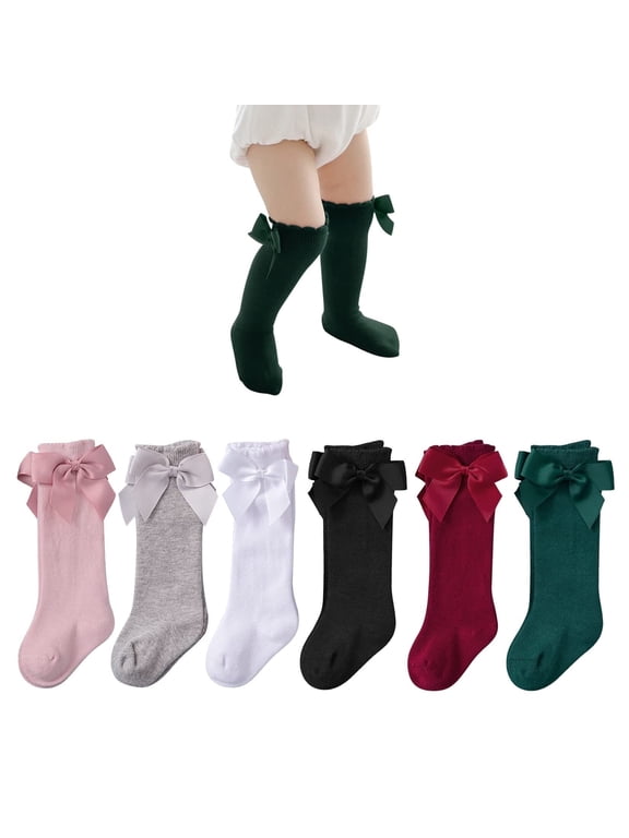 6 Pairs Newborn Socks with Bow Cotton Baby Girl Knee High Socks Ruffled Toddler Girl Socks 6-18 Months