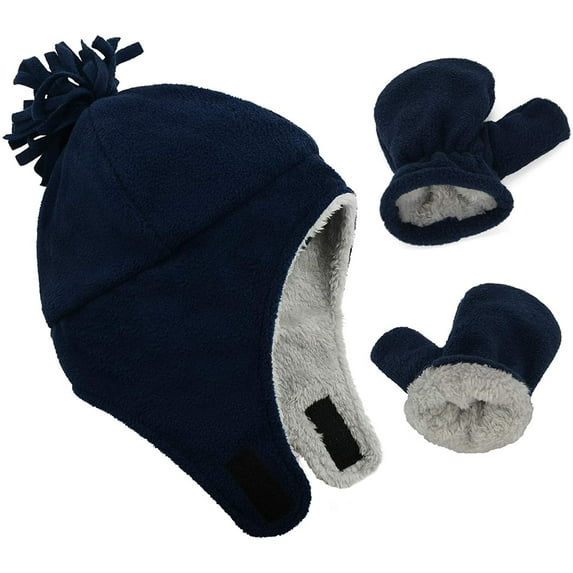 Zando Baby Boys Girls Winter Hats and Gloves Sets for Boys Warm Polar Fleece Earflap Beanie Hat Navy Blue Dark 2-4T
