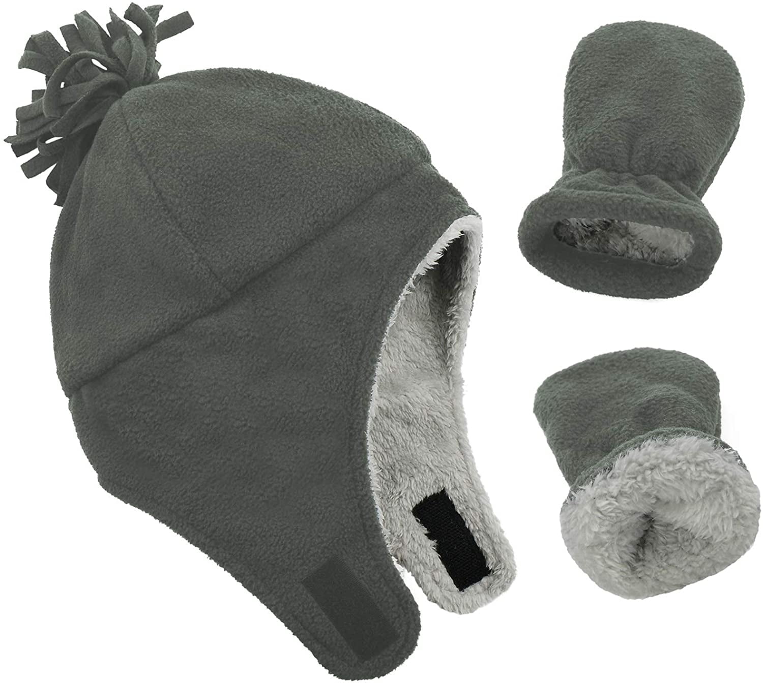 Zando Baby Boys Winter Hats and Gloves Sets Warm Polar Fleece Earflap Beanie Hat Dark Gray L