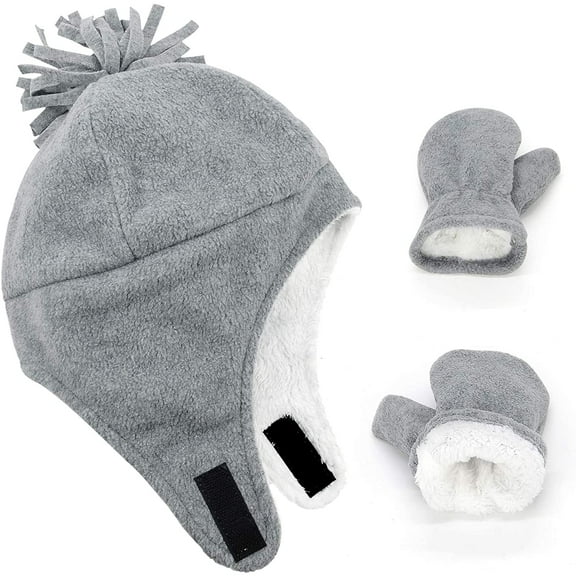 Zando Baby Boys Winter Hats and Gloves Sets Warm Polar Fleece Earflap Beanie Hat Light Gray XL