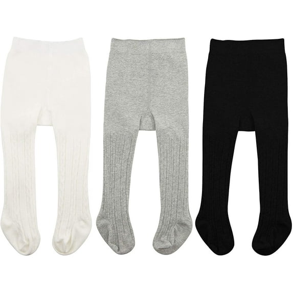 Zando Baby Girl Tights Thick Cable Knit Leggings Stockings Cotton Pantyhose for Newborn Infant Toddler Ivory White& Black& Light Grey 6-12 Months