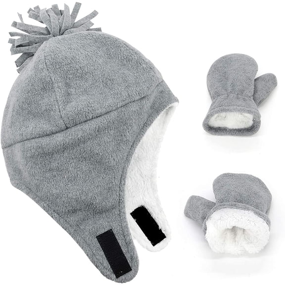 Zando Baby Kids Winter Hats and Gloves Sets Boys Warm Polar Fleece Earflap Beanie Hat Light Gray S