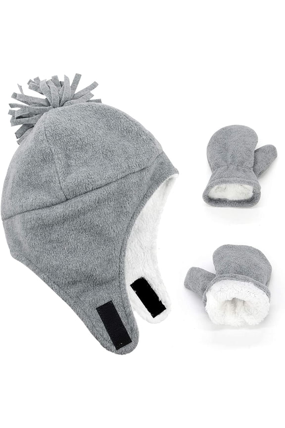 Baby Kids Winter Hats and Gloves Sets Boys Warm Polar Fleece Earflap Beanie Hat Light Gray 1-2T