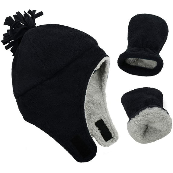 Zando Baby Kids Winter Hats and Gloves Sets for Boys Girls Warm Polar Fleece Earflap Beanie Hat Black A 1-2T