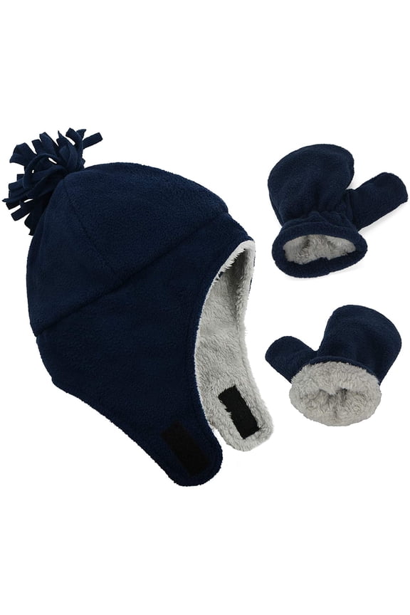 Baby Kids Winter Hats and Gloves Sets for Boys Warm Polar Fleece Earflap Beanie Hat Navy Blue Dark 4-7T