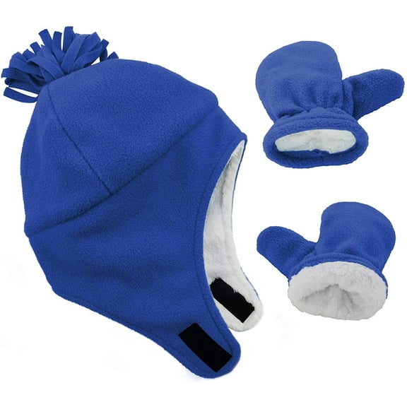 Zando Baby Kids Winter Hats and Gloves Sets for Boys Warm Winte Fleece Earflap Beanie Royal Blue 1-2T