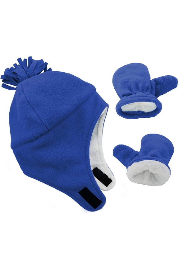 Baby Kids Winter Hats and Gloves Sets for Boys Warm Winte Fleece Earflap Beanie Royal Blue 1-2T