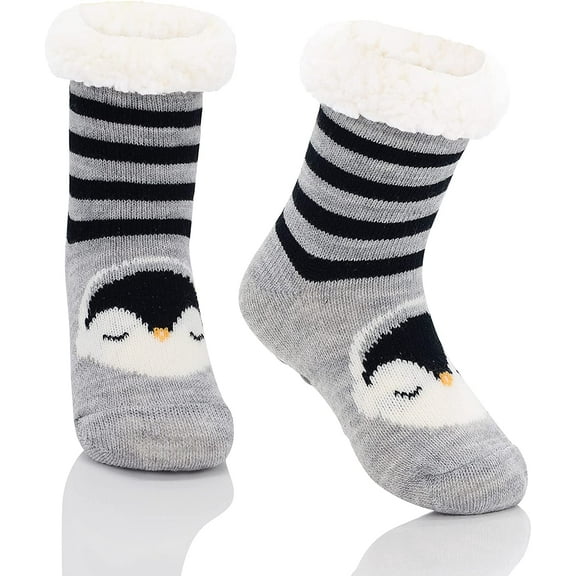 Zando Baby Toddler Socks with Grippers Ultra Soft Fuzzy Slipper Socks for Boys Warm Thick Fluffy Grip Socks Black Penguin XL