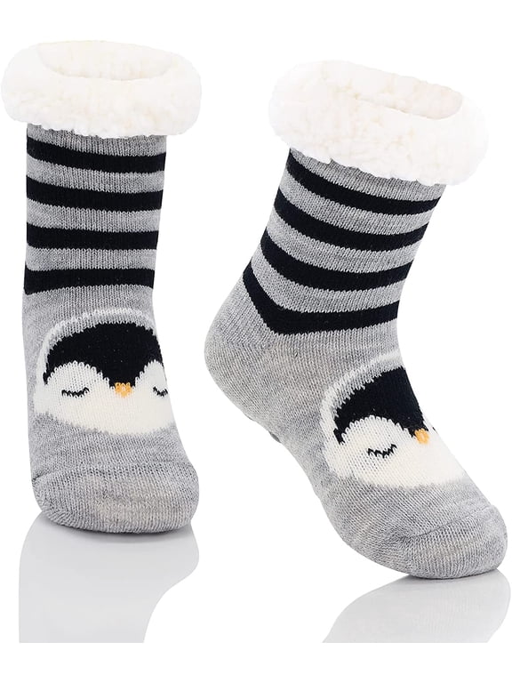 Kids Fuzzy Slipper Socks with Grippers, Warm Fleece Non-Slip Socks Black Penguin XL