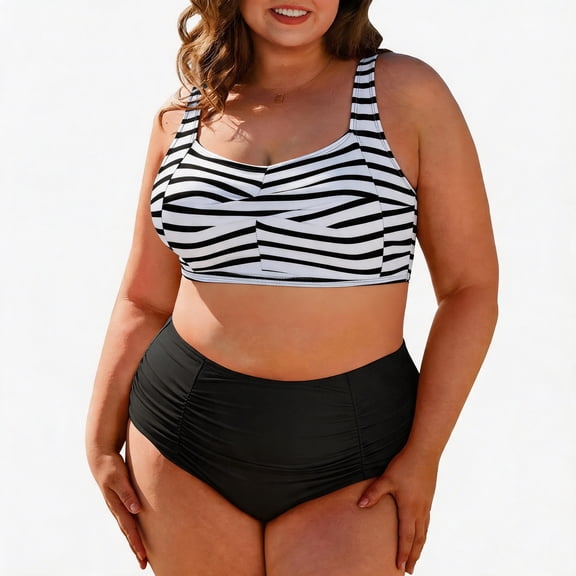 Zando PLus Size Bikini Sets for Women Tummy Control High Waisted Women's Bankini Swimsuits 2 Pieces Swimsuits for Big Busted Women with Ruched Black White Stripe 3XL