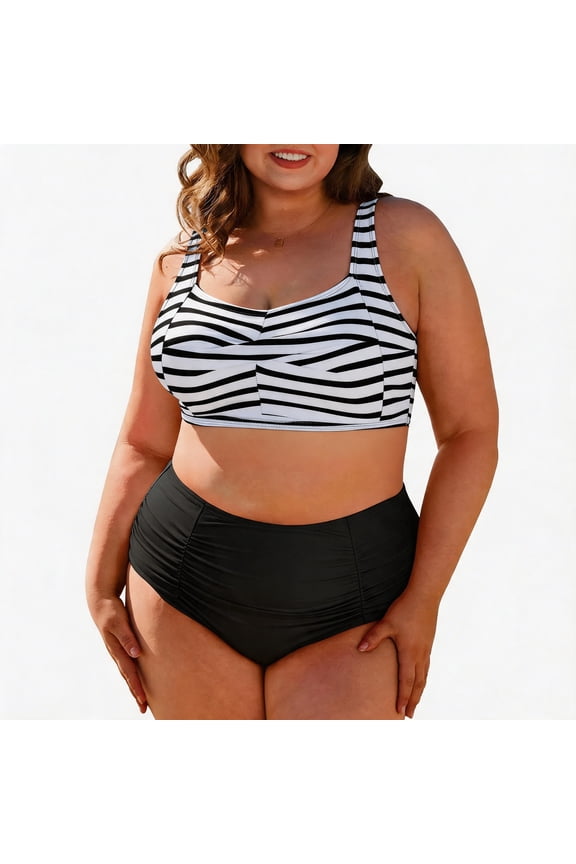 PLus Size Bikini Sets for Women Tummy Control High Waisted Women's Bankini Swimsuits 2 Pieces Swimsuits for Big Busted Women with Ruched Black White Stripe 3XL