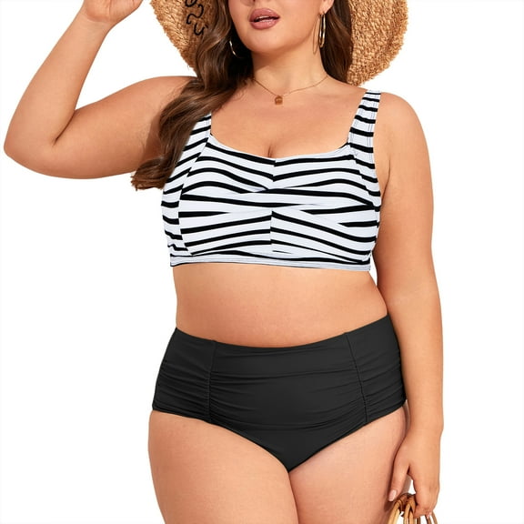Zando PLus Size Bikini Sets for Women Tummy Control High Waisted Women's Bankini Swimsuits 2 Pieces Swimsuits for Big Busted Women with Ruched Black White Stripe 3XL