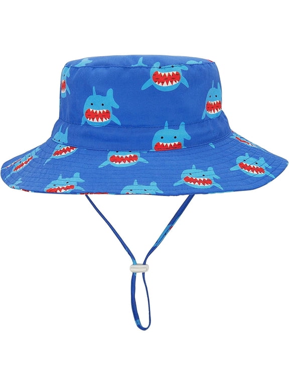 Baby Sun Hat UPF 50+ UV Protection Summer Toddler Bucket Hat with Wide Brim Graphic Print for Boys Girls Shark Blue 12-24 Months