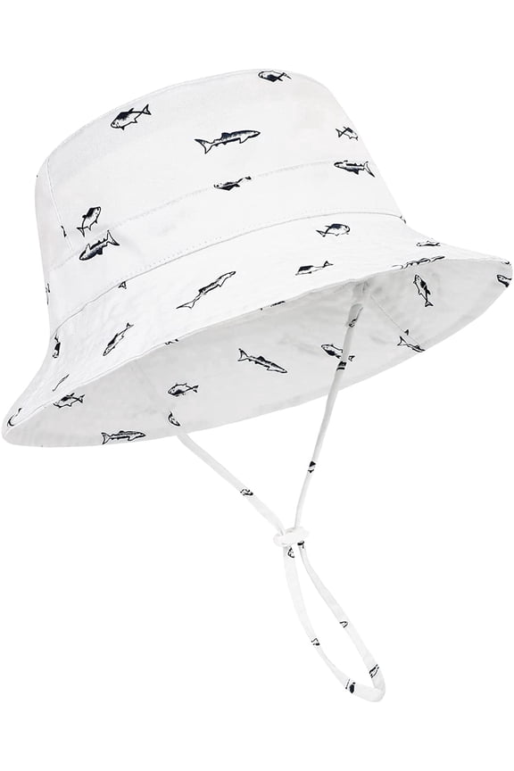 Baby Sun Hat UPF 50+ UV Protection Summer Toddler Bucket Hat with Wide Brim Graphic Print for Boys Girls Fish White 2-4 Years