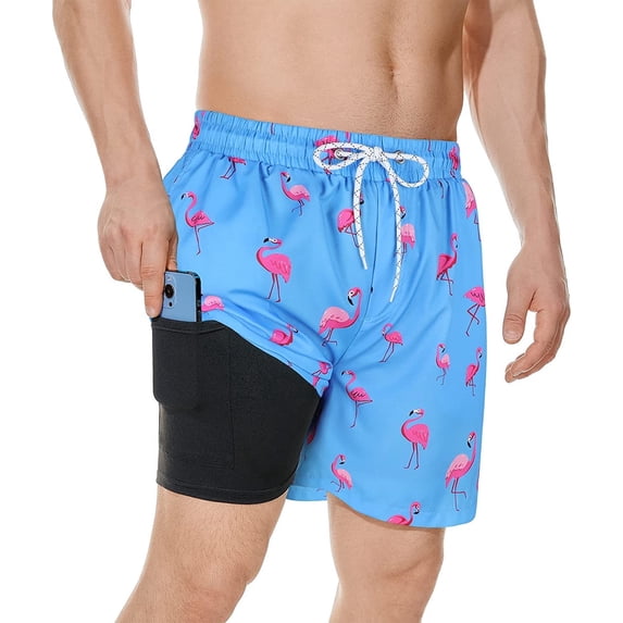 Zando Beach Swim Trunks Men Quick Dry Mesh Liner Swim Shorts for Summer Bathing Suit Sky Blue Flamingo XL