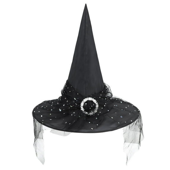 Zando Black Witch Hat with Veil Wide Brim Wizard Hats Foldable Pointed Witches Hats