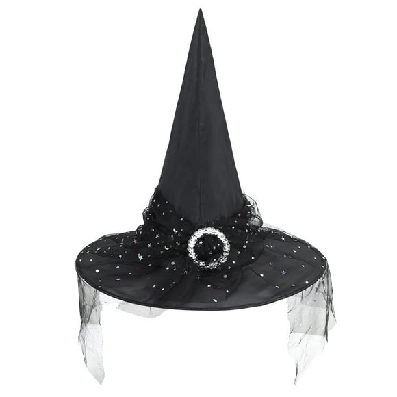 Zando Black Witch Hat with Veil Wide Brim Wizard Hats Foldable Pointed Witches Hats