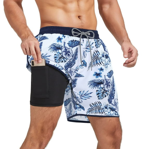 Zando Boys Swim Trunks Men 5 Inch Inseam Quick Dry Swimming Trunks 80s 90s Vintage Beach Shorts with Mesh Lining Blue Leaves