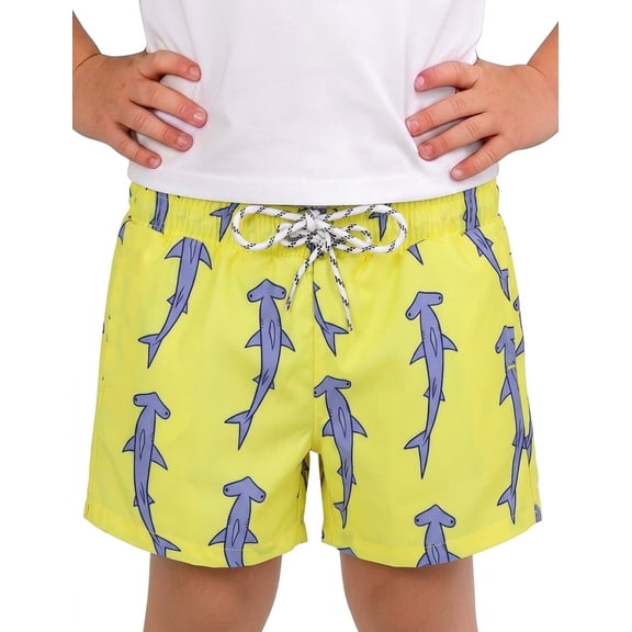 Zando Boys Swim Trunks Quick Dry Stretchy Toddler Boy Swimsuit Swimming Trunks for Boys with Mesh Liner Yellow Shark 3T