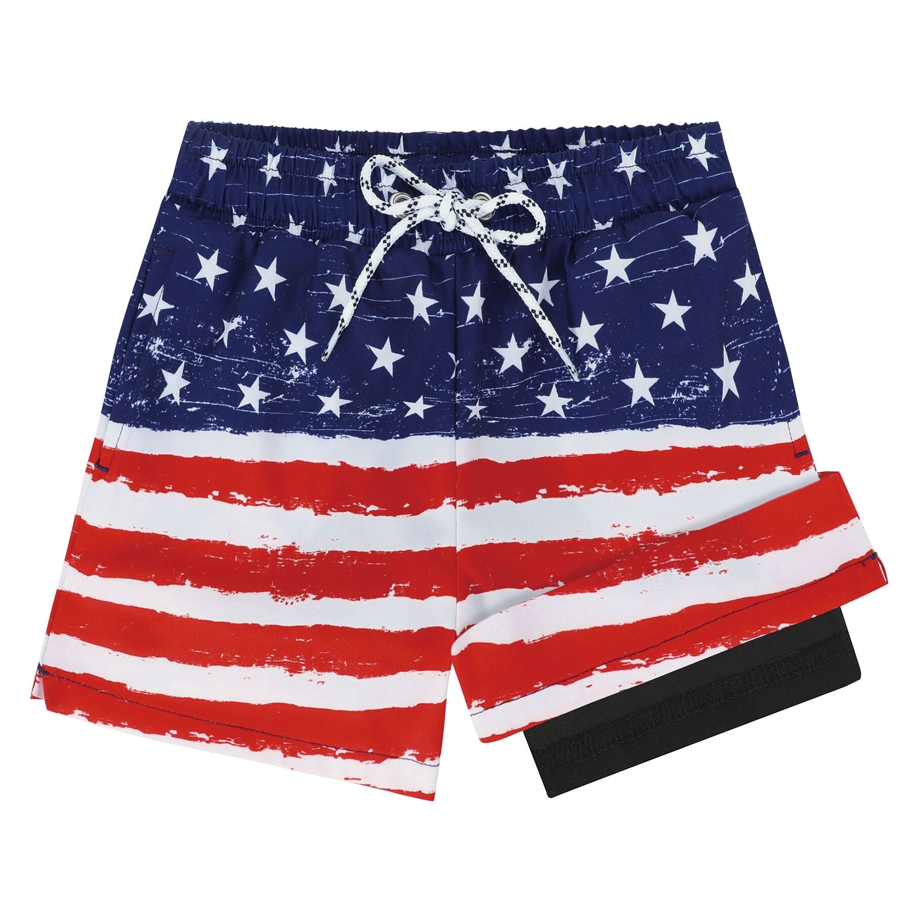 4th of July Swim Trunks for Boys with Compression Liner Patriotic American Flag Quick Dry Stretch Board Shorts 4-12