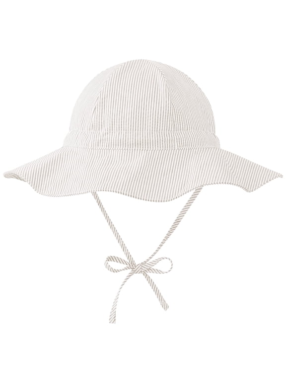 Baby Sun Hat Toddler Girls UPF 50+ Sun Protection Wide Brim Cotton Striped Outdoor Bucket Hat Beige 6-12 Months