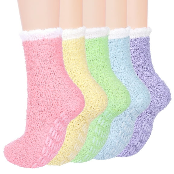 Zando Cozy Non Slip Socks with White Edges Womens Warm Fuzzy Socks Super Soft Grip Socks for Women Fluffy Socks with Grippers for Women Hospital Socks Rainbow 5 Pairs