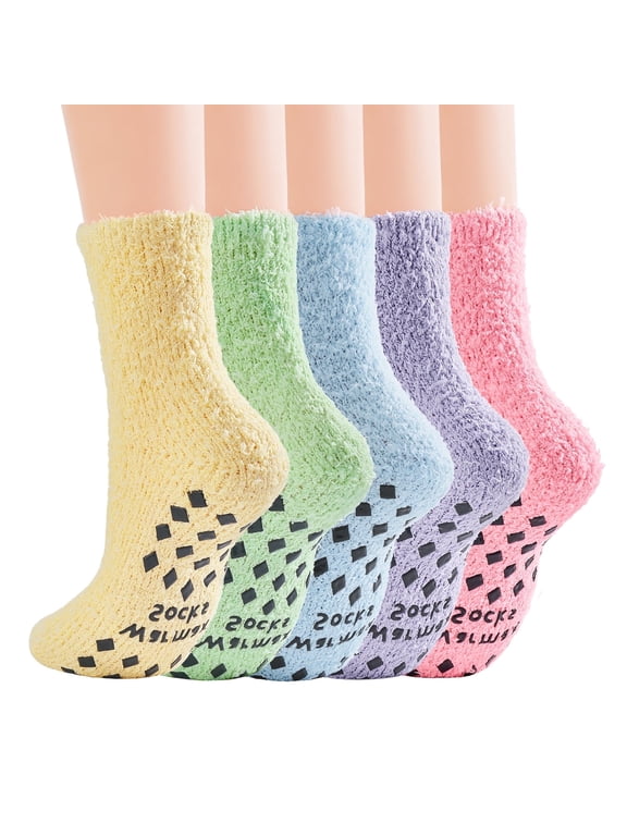 5 Pairs Fuzzy Socks for Women Non Slip Hospital Socks with Grips Cozy Fluffy Slipper Socks Soft Grippy Socks Gifts