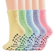 ZANDO Cozy Non Slip Socks Womens Warm Fuzzy Socks Super Soft Grip Socks for Women Fluffy Socks with Grippers for Women Hospital Socks Rainbow 5 Pairs