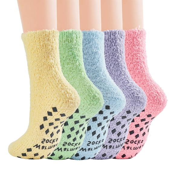 Zando Cozy Non Slip Socks Womens Warm Fuzzy Socks Super Soft Grip Socks for Women Fluffy Socks with Grippers for Women Hospital Socks Rainbow 5 Pairs