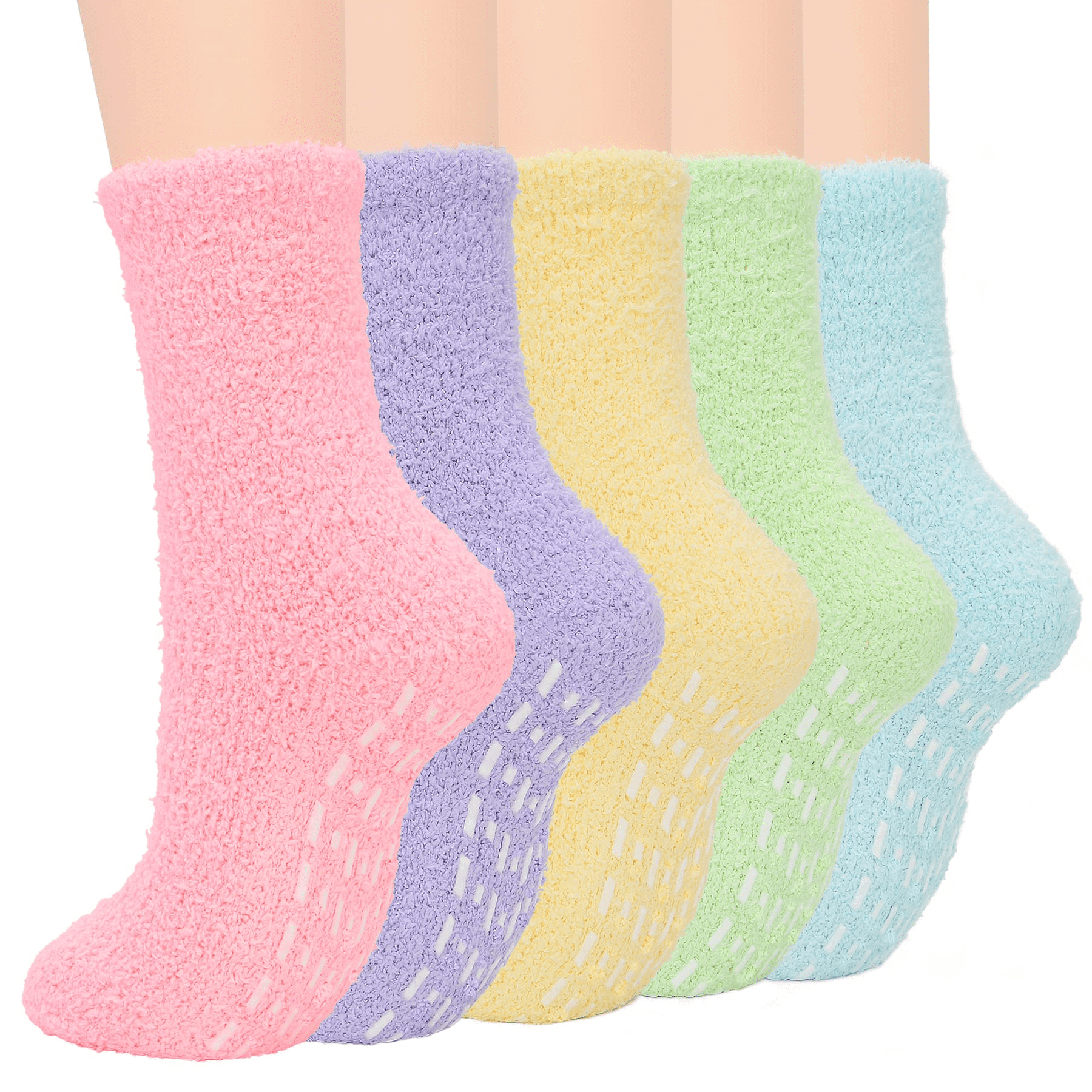 Zando Cozy Non Slip Socks Womens Warm Fuzzy Socks Super Soft Grip Socks for Women Fluffy Socks with Grippers for Women Hospital Socks Rainbow 5 Pairs