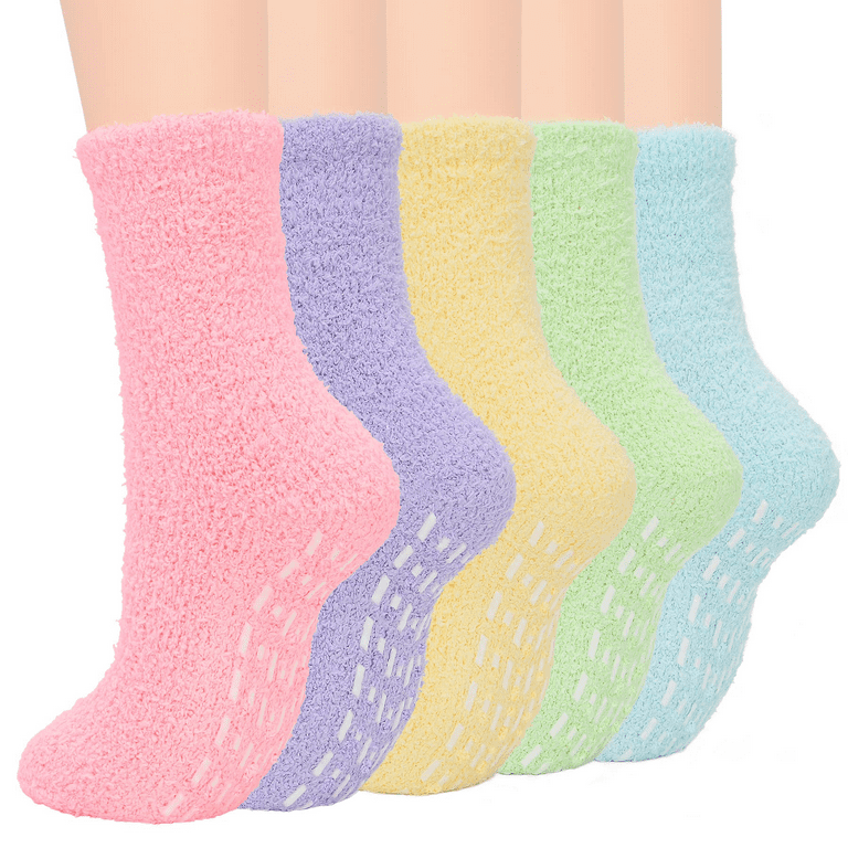 Zando Cozy Non Slip Socks Womens Warm Fuzzy Socks Super Soft Grip Socks for  Women Fluffy Socks with Grippers for Women Hospital Socks Rainbow 5 Pairs