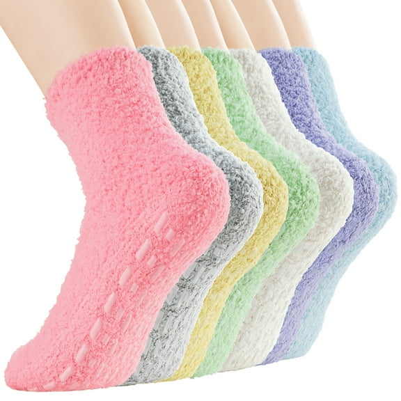 Zando Cozy Non Slip Socks Womens Warm Fuzzy Socks Super Soft Grip Socks for Women Fluffy Socks with Grippers for Women Hospital Socks Rainbow 7 Pairs