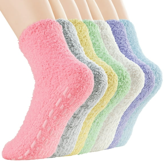 Zando Cozy Non Slip Socks Womens Warm Fuzzy Socks Super Soft Grip Socks for Women Fluffy Socks with Grippers for Women Hospital Socks Rainbow 7 Pairs