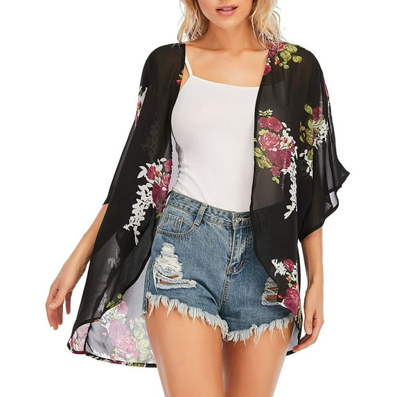 Zando Floral Kimono Cardigans for Women Loose Open Front Kimono Swimsuit Cover Ups for Women Casual Beach Cover Up Women Floral Black S