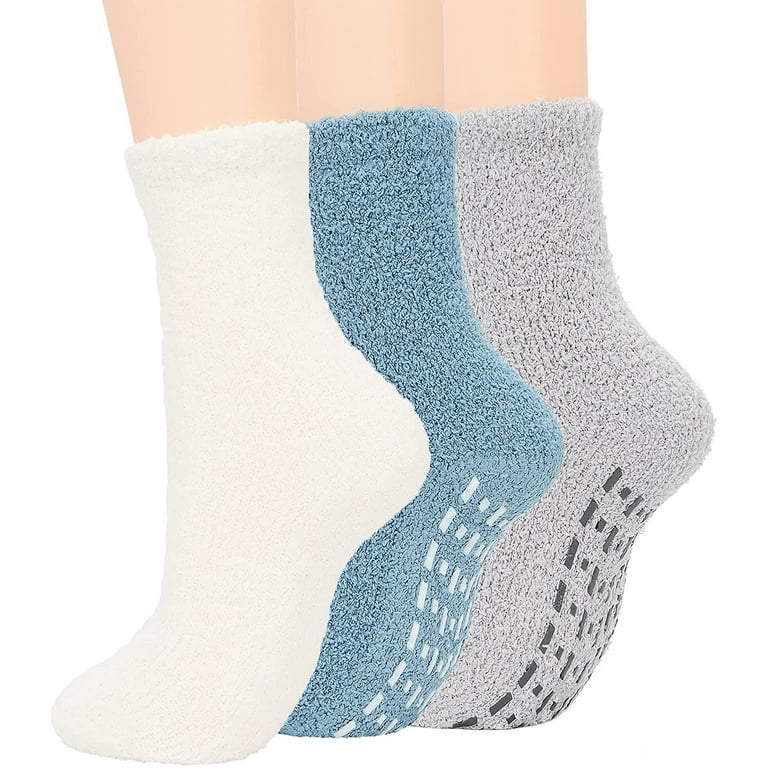 Zando Fuzzy Anti-Slip Socks for Women Girls Non Slip Slipper Socks with  Grippers 3 Pairs Blue/Gray/White