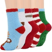ZANDO Fuzzy Socks for Women Socks Warm Fluffy Socks Grip Socks Soft Slipper Socks with Grippers 5 Pairs Christmas Style