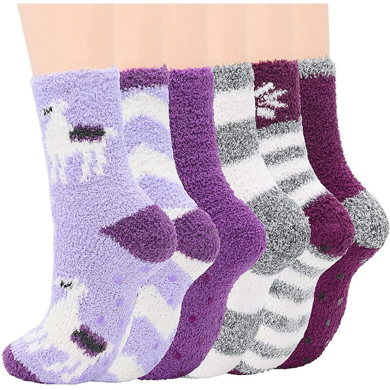 Zando Fuzzy Socks for Women Yoga Socks Warm Fluffy Socks Grip Socks Soft  Slipper Socks with Grippers 6 Pairs Deer Purple