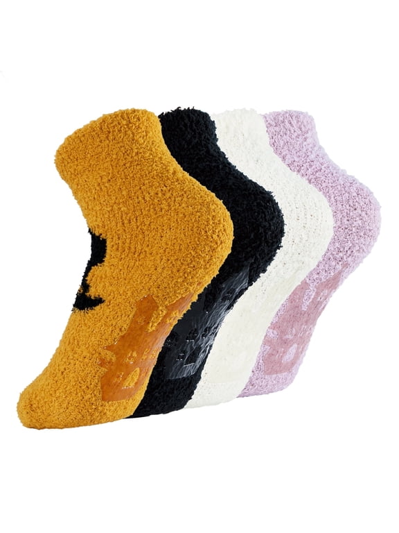 Halloween 4 Pairs Fuzzy Socks for Women Non Slip Hospital Socks with Grips Cozy Fluffy Slipper Socks Soft Grippy Socks Gifts