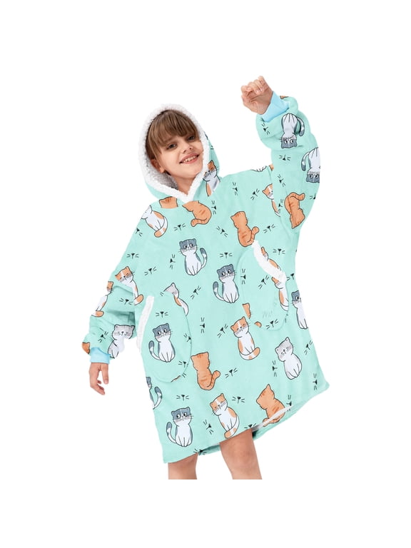 Kids Oversized Wearable Blanket Hoodie Sweatshirt with Deep Pockets for Boys Girls One Size 4-14 Cat