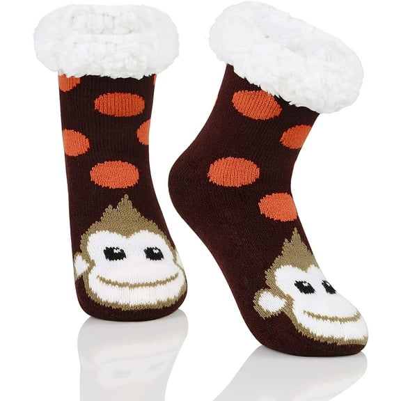 Zando Kids Girls Boys Slipper Socks Christmas Warm Fleece Fuzzy Socks Non-Skid Children Animal Thick Grip Fluffy Socks Smile Monkey XL