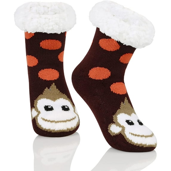 Zando Kids Girls Boys Slipper Socks Christmas Warm Fleece Fuzzy Socks Non-Skid Children Animal Thick Grip Fluffy Socks Smile Monkey XL