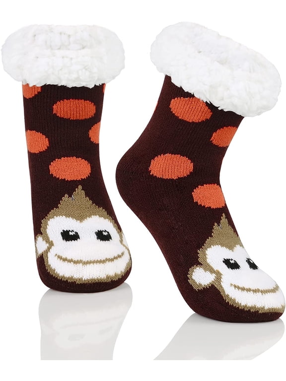 Kids Fuzzy Slipper Socks with Grippers, Warm Fleece Non-Slip Socks Smile Monkey XL