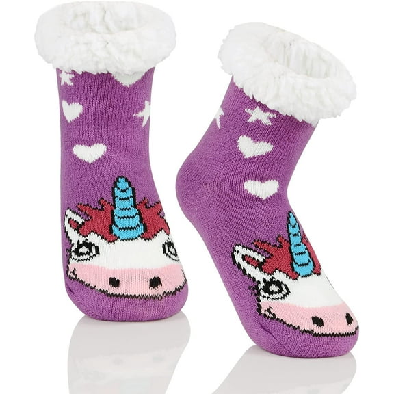 Zando Kids Girls Boys Slipper Socks Christmas Warm Fleece Fuzzy Socks Non-Skid Children Animal Thick Grip Fluffy Socks Unicorn XL
