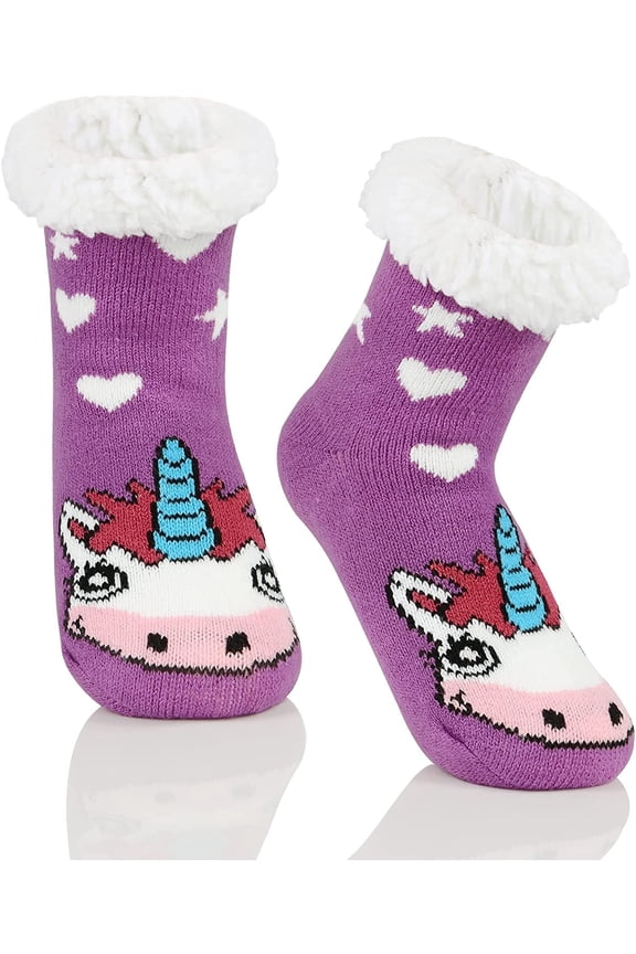 Kids Girls Boys Slipper Socks Christmas Warm Fleece Fuzzy Socks Non-Skid Children Animal Thick Grip Fluffy Socks Unicorn XL