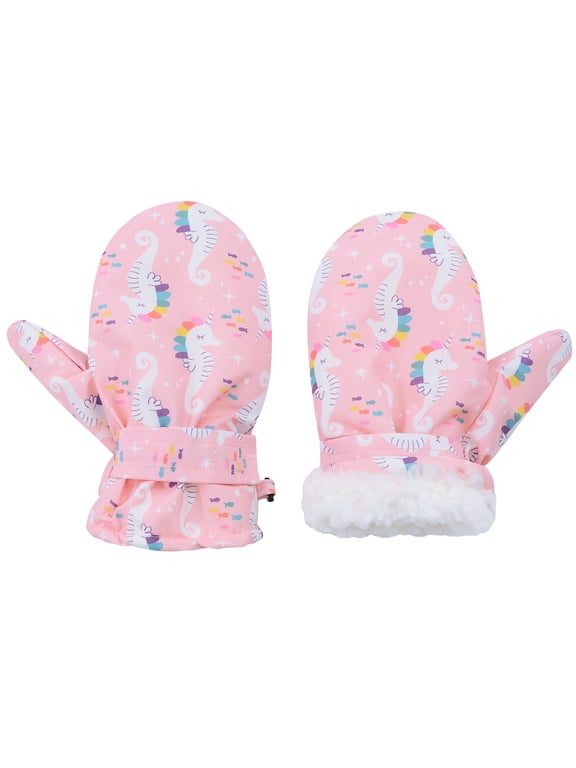 Kids Ski Mittens Girls Ski Gloves Waterproof Warm Snow Gloves for Winter Outdoor Activities Pink Seahorse L